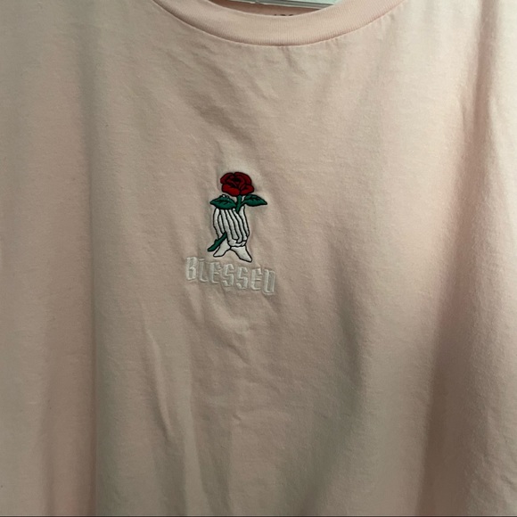 Pink Tee Shirt Embroidered Blessed Skeleton Hand with Rose - Picture 3 of 6